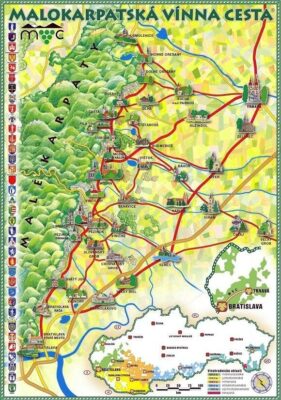 La mappa della Strada del Vino nei Piccoli Carpazi in Slovacchia