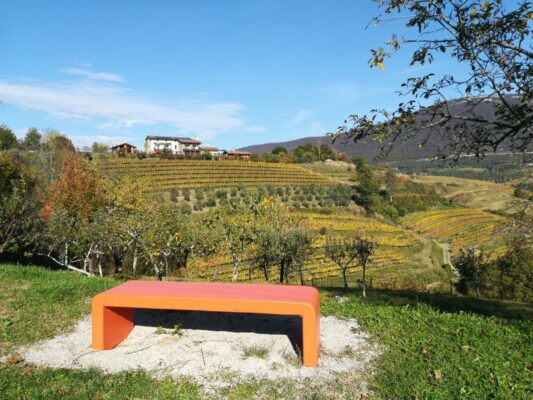 La panchina arancione intitolata alla cantina Dario Prinčič